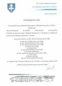 Podziękowania za organizację warsztatów dla uczniów szkół średnich. Kliknij, aby powiększyć zdjęcie.